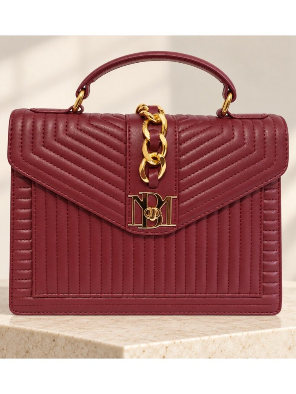 Badgley Mischka BM-4180 Wine Quilted Chain Top Handle Crossbody Bag